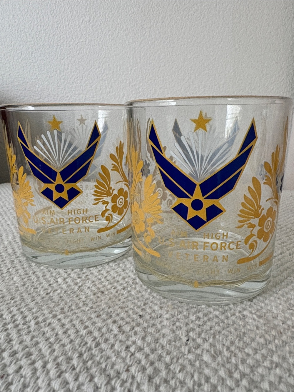 US Air Force Veteran Gold Rim Whiskey Glasses Set 2 USAF Military Rocks  10oz